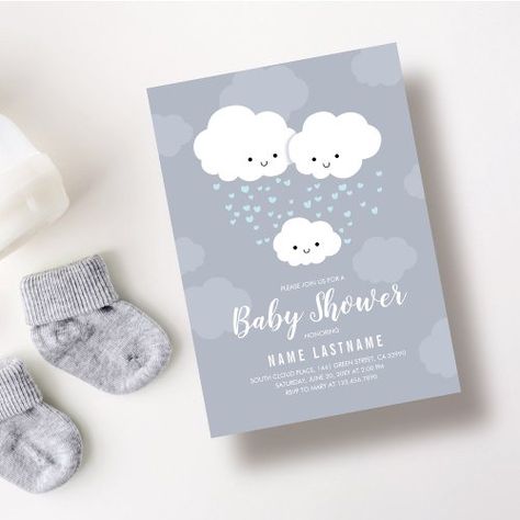 Cloud Baby Shower Theme, Baby Shower Simple, Baby Boy Invitations, Vertical Business Card, Couples Baby Shower Invitations, Couples Baby Showers, Shower Collection, Boy Baby Shower Themes, Blue Hearts