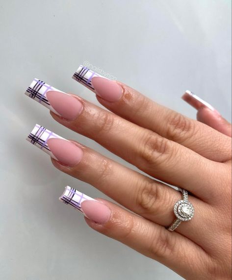 Tiktok Nails, Purple Acrylic Nails, French Tip Nail Designs, Plaid Nails, French Tip Acrylic Nails, Summer Acrylic Nails, Acrylic Nail Art, Purple Plaid, Acrylic Nails Coffin