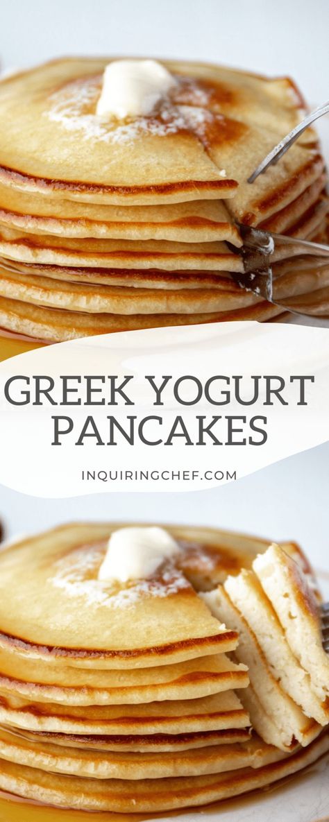 Yogurt pancakes make the tallest, fluffiest stacks of pancakes you’ve ever seen. Rich Greek yogurt replaces buttermilk for an old-fashioned pancake flavor, with a soft, airy texture that’s perfect with a drizzle of warm maple syrup and a spoonful of fresh fruit. #pancakes #easyrecipe #breakfast #brunch #kidfriendly #breakfastfordinner Greek Yogurt Pancakes Recipe, Homemade Greek Yogurt, Greek Yogurt Pancakes, Yogurt Pancakes, Ideas For Breakfast, Greek Yogurt Recipes, Recipe Breakfast, Homemade Pancakes, Pancakes Easy