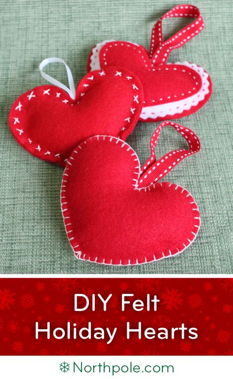 Felt Holiday Hearts • Northpole.com Craft Cottage Felt Hearts Diy, Felt Heart Ornaments, Felt Hearts Crafts, Hearts Crafts, Felt Ornaments Diy, Craft Cottage, Saint Valentin Diy, Sewing Club, Valentines Bricolage