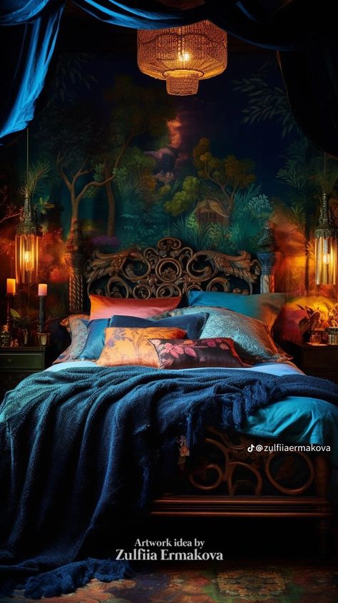 Colorful Eclectic Living Room Boho, Deep Teal Bedroom, Orange And Teal Bedroom, Colourful Bedrooms, Dark Modern Interior, Teal Bedroom Designs, Jewel Toned Bedroom Decor, Orange Interior Design, Jewel Tone Bedroom