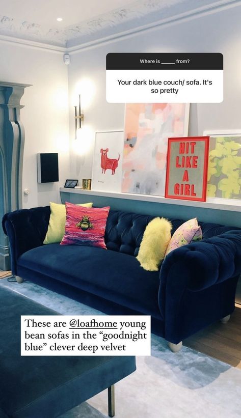 Zoe Sugg | Zoella | Zoella’s house | Instagram | Interior Zalfie House, Dark Blue Couch, Bean Sofa, Queen Anne Furniture, Blue Sofas Living Room, Zoe Sugg, Living Room Renovation, Blue Couches, Cosy Living Room