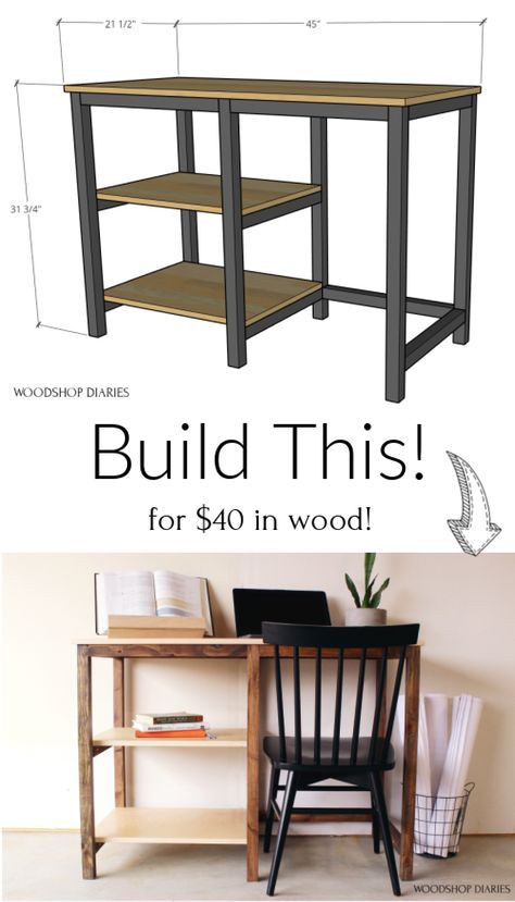 Build yourself or your kids a simple new desk with these free plans. All you need is $40 in lumber and four basic tools! This design is perfect for combining into one large multiperson work station OR just combining a few to make yourself a bigger desk space! For just $40, you can afford to build a few! Easy Diy Desk, Build Your Own Home, Diy Desk Plans, Free Building Plans, Desk Plans, Diy Drawers, Simple Desk, Basic Tools, Free Plans