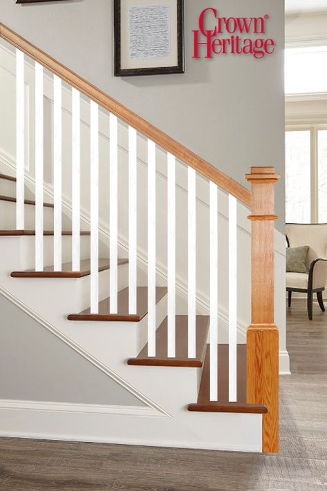 Colonial Banister, Wood Balusters Stairs, White And Wood Staircase, White Balusters, Wood Balustrade, Entrance Way Ideas, Railing For Stairs, Modern Farmhouse Staircase, Wood Railings For Stairs