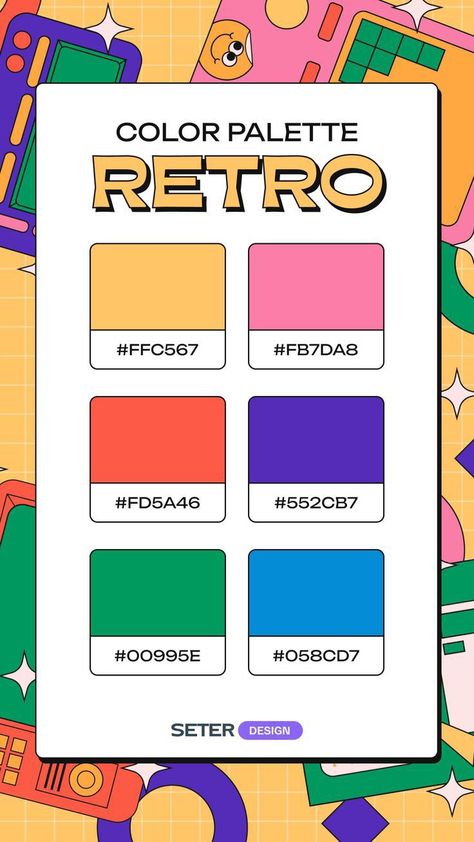 Retro Bright Color Palette, Bright Color Palette Design, 90s Color Palette Retro, Cute Pallete Color, 1980s Color Palette, 90s Design Aesthetic, Digital Poster Ideas Canva, Bright Colors Palette, Retro Color Palette Vintage