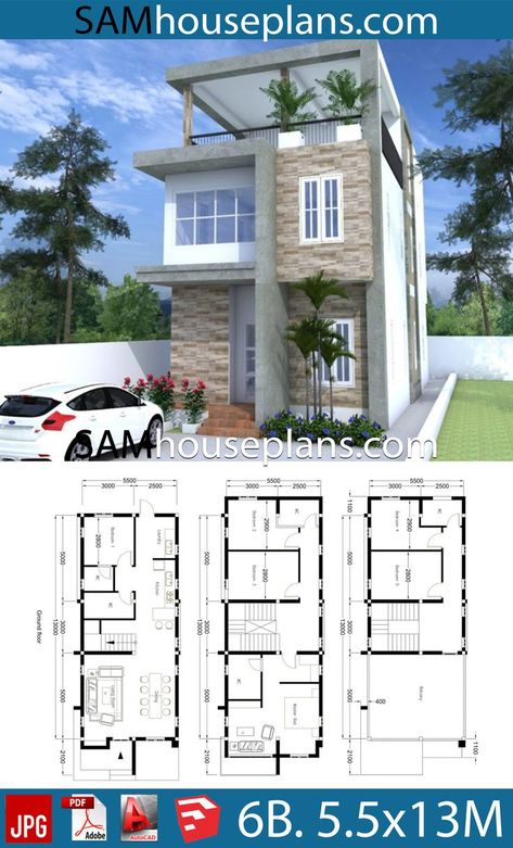 6 Bedroom House Plans, Small Modern House Plans, Narrow House Plans, 2 Storey House Design, Two Story House, Duplex House Plans, Narrow House, House Construction Plan, Simple House Plans