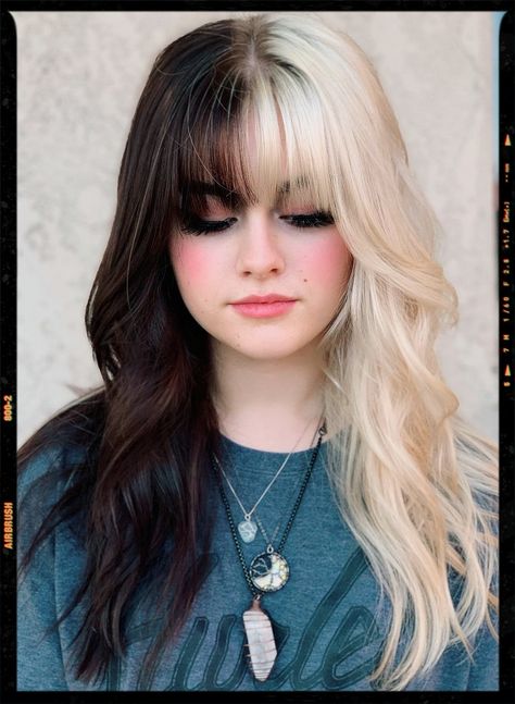 Black and White Hair - Hair Color Idea Split Dye White And Black, Black And Blonde Split Dye With Bangs, Black White Split Hair, Split Hair Dye Black And White, White And Brown Hair Color, Black And Blonde Hair Split, Black Blonde Split Dye, Half Platinum Half Black Hair, Half Dark Half Light Hair