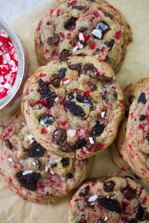 Oreo Peppermint Chocolate Chip Cookies - Taffey Bakery Taffey Bakery, Oreo Candy, Peppermint Chocolate Chip Cookies, Xmas Cookies Recipes, 4 Ingredient Cookies, Oreo Stuffed Chocolate Chip Cookies, Peppermint Chocolate, Peppermint Cream, Candy Cane Cookies