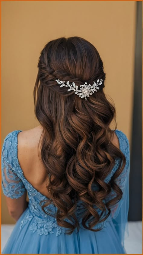 Discover stunning bridesmaid hairstyles for long hair in this comprehensive guide From elegant half up half down styles to beautiful brunette simple half up half down braid and chic side loose curls find the perfect hairstyle for any wedding Easy boho-inspired updo curls for a romantic touch Explore various options from half up half down styles to loose curls and braids Prom Hairstyles With Hair Comb, Long Brown Hairstyles Half Up Half Down, 15 Hair Quinceanera Half Up Half Down, International Hairstyles For Wedding, Wedding Hairstyles For Long Hair To The Side, Half Up Half Down Indian Wedding Hair, Bridal Hair Half Up Half Down Braid, One Piece Hairstyles, Romantic Wedding Hair Half Up