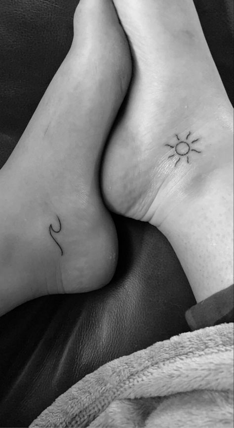 Wave Ankle Tattoo, Sun And Wave Tattoo, Wave And Sun Tattoo, Bff Tats, Sea Tattoo, Ocean Tattoos, Beach Tattoo, Sun Tattoos, Friendship Tattoos