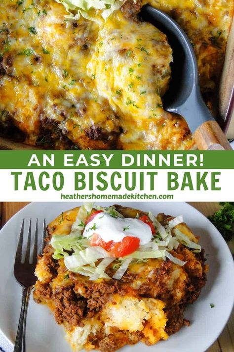 This Taco Biscuit Bake is a hearty and comforting casserole that takes taco night to the next level! Simple drop biscuits are smothered with saucy taco meat and then topped with loads of cheese. This family friendly meal is going to be a new family favorite! Leftover Taco Meat Recipes, Taco Casserole Bake, Beef Taco Casserole, Leftover Taco Meat, Baked Tacos Recipe, Hotdish Recipes, Taco Meat Recipes, One Dish Dinners, Drop Biscuits