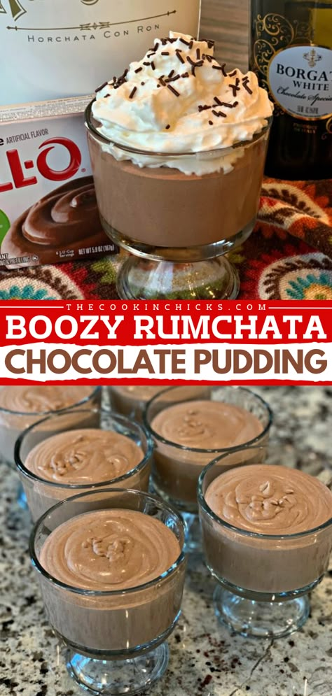 This rumchata chocolate pudding is on a whole new level! It's an easy Thanksgiving sweet treat that's perfect for adults. You'll want to whip up this boozy pudding recipe for a simple Christmas dessert, too! Rumchata Fudge Recipes, Boozy Pudding Desserts, Christmas Boozy Treats, Holiday Pudding Desserts, Christmas Pudding Shots Alcoholic, Thanksgiving Pudding Desserts, Christmas Pudding Shots, Thanksgiving Pudding, Rum Pudding