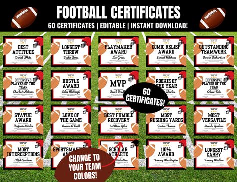 Editable Football Award Certificates, Football Team Awards, Football End of Season Awards, Football Team Party, Football Season Awards Football Awards Ideas, Football Team Party, Football Presentation, Presentation Night, Football Banquet, Football Awards, Award Ideas, Team Party, Awards Night