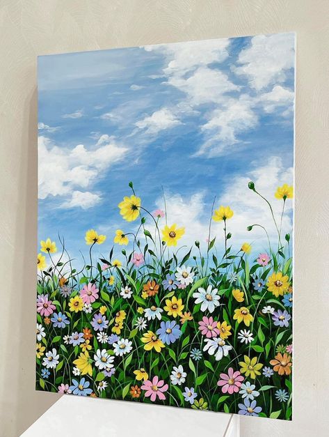 Floral Painting Ideas, Flower Field Painting, Canvas Art Painting Abstract, Fall Canvas Painting, Sky Art Painting, Small Canvas Paintings, Square Painting, Flower Painting Canvas, Canvas Painting Tutorials