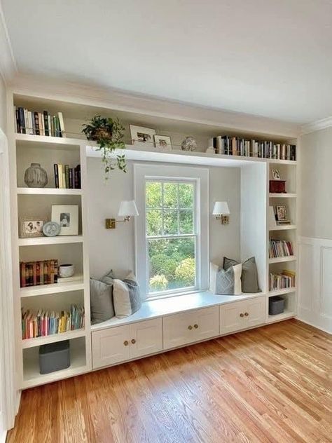 Bookcases Built Around Windows, Built In Bookcase With Window Seat, Built In Bookcase Around Window, Window Built Ins With Bench, Bookcase Around Window, Library Window Seat, Built In Bookshelves Around Window, Built Ins Around Window, Window Seat Nook