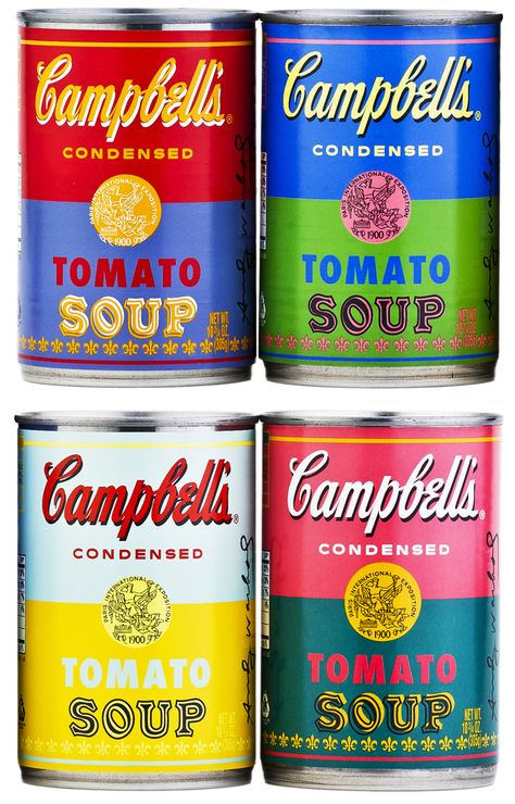 Campbell's Soup has introduced a line of limited edition cans, in celebration of the 50th anniversary of Andy Warhol's "32 Campbell's Soup Cans."  This is such clever design, combining familiar fine art with mainstream product design and popular culture—just like Andy did, but reversed.  I feel like this can relate to everyone. Warhol Soup, Pop Art Andy Warhol, Art Andy Warhol, Campbell's Soup Cans, Richard Hamilton, James Rosenquist, Andy Warhol Pop Art, Jim Dine, Andy Warhol Art