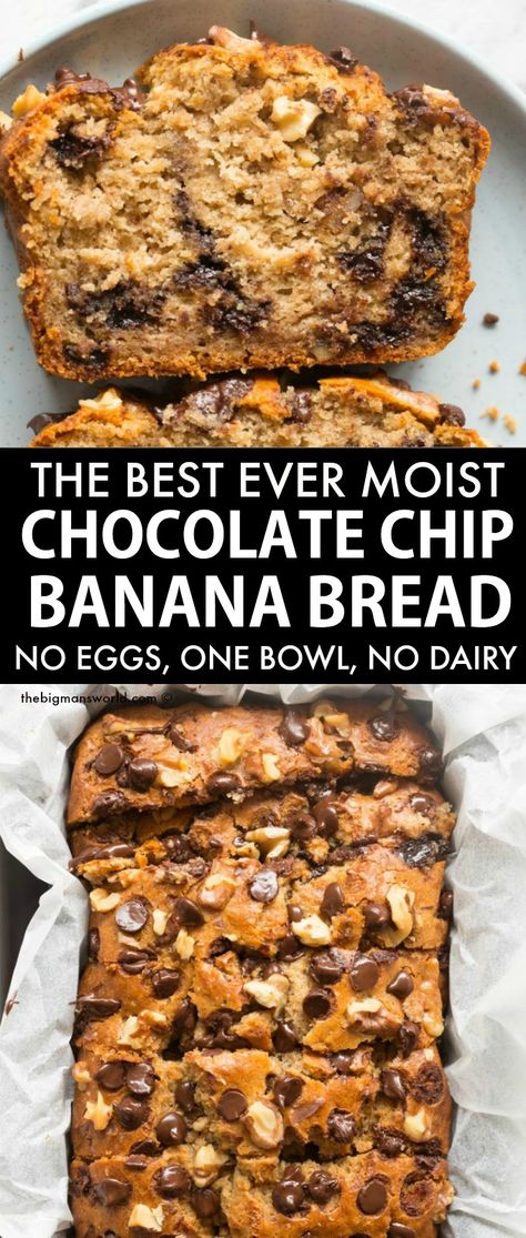 Banana Bread No Eggs, Winter Snacks, Chocolate Chip Banana Bread Recipe, Chocolate Chip Bread, Chocolate Chip Banana, No Dairy, Egg Free Recipes, Vegan Banana Bread, Chocolate Chip Banana Bread