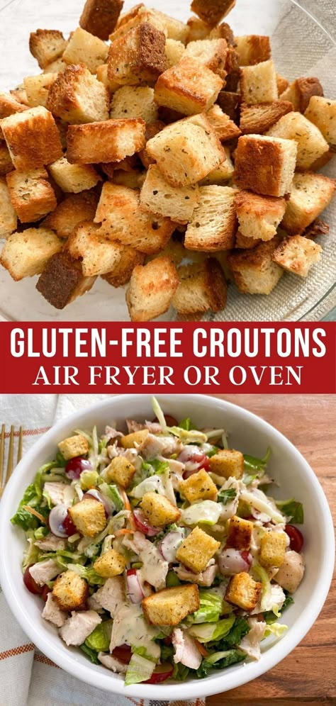 You can easily make your own gluten-free croutons in the oven or air fryer. These are perfect for salads, soups, and fun for snacking! #glutenfreerecipes #glutenfreebread Croutons Air Fryer, Gf Dinner Recipes, Gluten Free Side Dish Recipes, Gluten Free Air Fryer Recipes, Gluten Free Croutons, Gluten Free Side Dish, Vegan Air Fryer Recipes, Gluten Free Recipes Side Dishes, Gluten Free Side Dishes