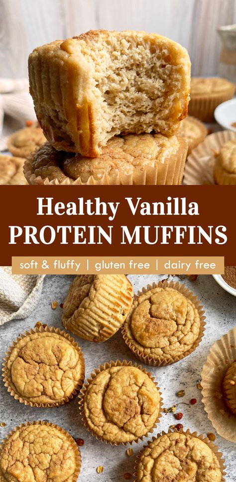 These healthy vanilla protein muffins are made with almond flour and pea protein. They are light, fluffy and moist - not dry like many protein muffin recipes. This recipe is gluten free, dairy free, low sugar and paleo friendly. #vanillaproteinmuffins #proteinmuffins #paleo #glutenfree Protein Shake Muffins, Gluten Free Dairy Free Protein Muffins, Protein Muffins With Almond Flour, Vanilla Protein Muffins, Paleo Protein Snacks On The Go, Baking With Vanilla Protein Powder, Dairy Free Protein Muffins, Nut Free Protein Muffins, Oat Flour Protein Muffins