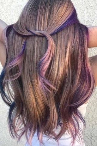 Rainbow Hair Color Ideas, Purple Brown Hair, Peekaboo Hair Colors, Purple Hair Highlights, Mermaid Hair Color, Peekaboo Highlights, Peekaboo Hair, Rainbow Hair Color, Hair Color Streaks