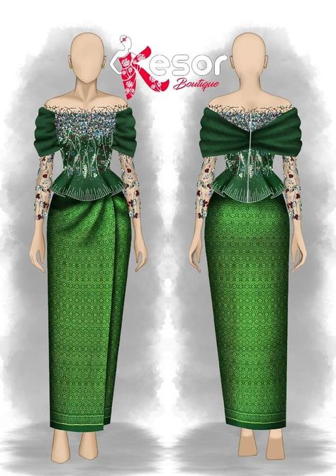 Emerald Green Filipiniana, Green Filipiniana, Khmer Traditional Clothes, George Dress, Modern Filipiniana Dress, Bridesmaid Dresses Long Lace, Traditional Thai Clothing, African Attire Dresses, Traditional Blouse Designs