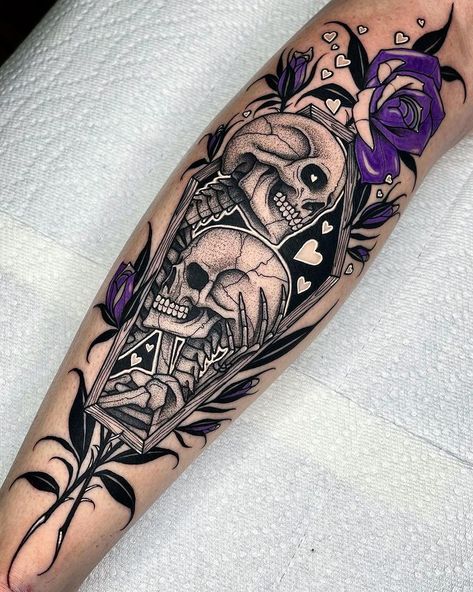 Lovers Coffin 💜🤍 . . . #blackworkers_tattoo #inkedmag #eternalink #tarotcard #tarotcardtattoo #gothictattoo #thelovers #tattoosnob… Tattoo Ideas For Female, Coffin Tattoo, Tattoo Sleeve Filler, Feminine Skull Tattoos, Tattoos Henna, Purple Tattoos, Men Tattoos Arm Sleeve, Taurus Tattoos, Wicked Tattoos