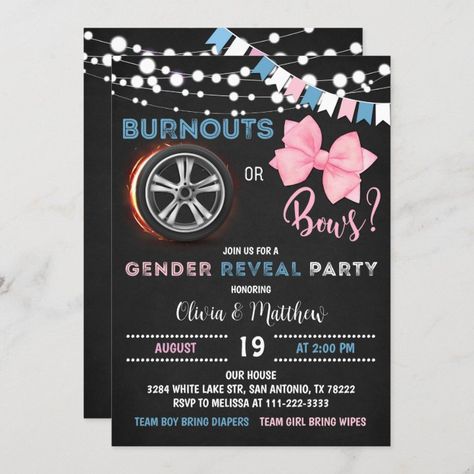 Burnouts Or Bows Gender Reveal, Gender Reveal Nails, Bows Gender Reveal, Gender Reveal Invitations Template, Gender Reveal Baby Shower Themes, Bow Invitation, Bow Gender Reveal, Gender Reveal Party Theme, Gender Reveal Themes