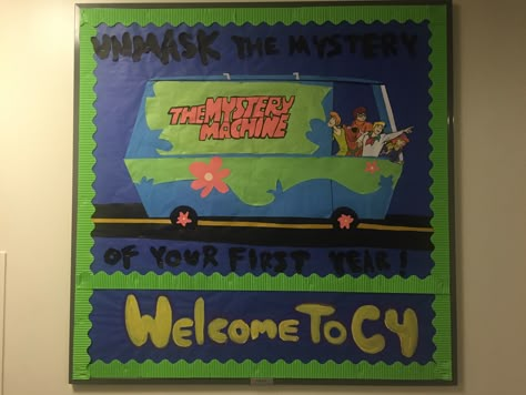 Scooby Doo themed Welcome bulletin board. Scooby Doo Decorations, Welcome Bulletin Board, Res Life Bulletin Boards, Door Decorations College, Ra Themes, College Bulletin Boards, Elementary Classroom Themes, Scooby Doo Dog, Ra Boards