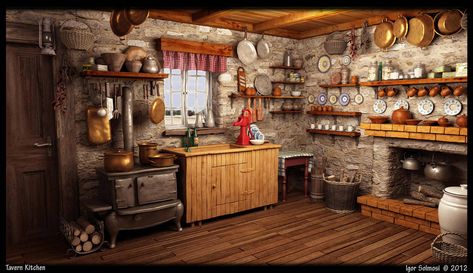 Tavern Kitchen by f4f Tavern Kitchen, Tavern Ideas, Dollhouse Castle, Kitchen Cartoon, Disneyland Parks, Kitchen Background, Kitchen Drawing, Victorian Kitchen, Aesthetic Kitchen