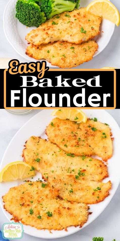 This crispy Baked Flounder recipe is made on a sheet pan in the oven for quick dinner preparation and easy cleanup too. #flounderrecipes #easybakedflounder #seafoodrecipes #southernstylerecipes #easydinnerideas #30minutemeals #tartersauce #fishrecipes via @melissasssk Flounder Meal Ideas, Easy Fish Recipes Baked, Baked Breaded Flounder, Easy Baked Flounder Recipes, Oven Fried Flounder Recipes, Oven Fried Flounder, Oven Baked Breaded Fish, Quick And Easy Flounder Recipes, Sheet Pan Dinners With Fish