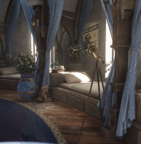 Secrets Of Moonacre Bedroom, Hogwarts Dorm Room Ravenclaw, Ravenclaw Dormitory Hogwarts Legacy, Magical Dorm Room, Harry Potter Ravenclaw Bedroom, Harry Potter Dorm Room Ideas Shifting, Ravenclaw Dorm Aesthetic, Ancient Magic Hogwarts Legacy, Hogwarts Dorm Aesthetic