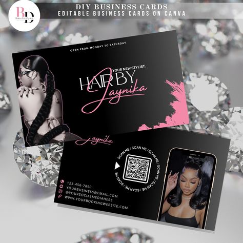 "Black and Pink business cards, Editable on Canva, Hairstylist, Hair salon, Wig, Braider, QR code, Girly template DESCRIPTION Promoting your business is crucial if you want to attract new customers. Business cards are important. Buy this template to help you get started. Simply add your own image, your business name, your contact information and your QR code. Once you are satisfied with the results, print these cards with a professional printing company! PRODUCT This is a digital download. No ph Wig Business Card Design, Hairstylist Cards Business, Hair Cards Business, Business Card For Hair Stylist, Wig Business Names, Pink And Black Beauty Salon, Hair Business Card Design, Hair Stylist Business Cards Ideas, Business Card Design Hairstylist