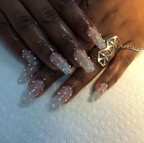 Gem Covered Nails, Minimal Rhinestone Nails, Clear Nails With Gems, Bejeweled Nails, Diamond Nails, Nail Studio, Clear Nails, Get Nails, Nail Accessories