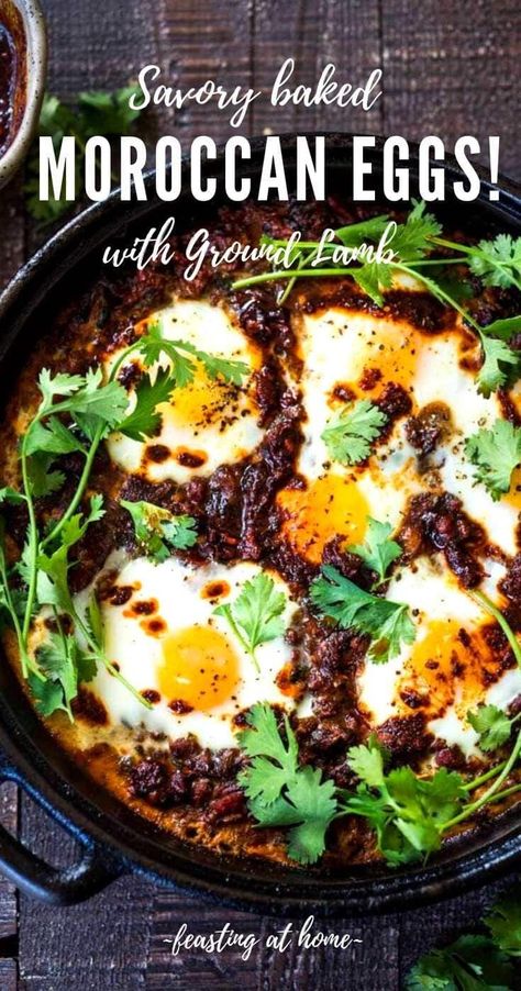 Eggs are baked in a flavorful Moroccan lamb stew infused with fragrant Moroccan Spices, topped with Harissa Yogurt.Perfect for brunch or dinner! Moroccan Recipe, Moroccan Cooking, Tagine Recipes, Moroccan Dishes, Moroccan Spices, Brunch Recipe, Lamb Stew, Ground Lamb, Cumin Seeds