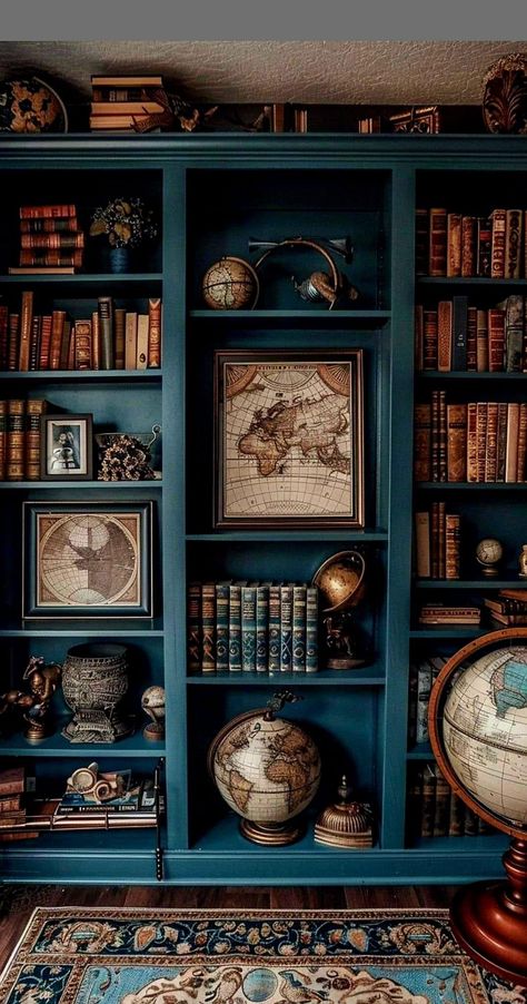 Home Library Wallpaper, Old English Study Room, Traditional Library Design, Gallery Wall Bookshelf, Dark Cottagecore Bookshelf, Maximalist Study Room, Victorian Bookshelf Aesthetic, Built In Book Shelf Ideas, Dark Blue Library Room