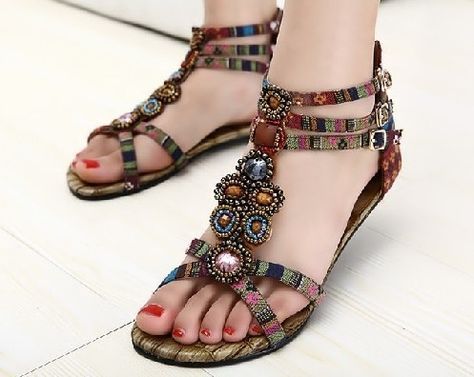 Flat Sandals Bohemian Shoes, Bohemian Sandals, Summer Sandals Flat, Spring Sandals, Jeweled Sandals, Beaded Flats, Fashion Forecasting, Rhinestone Sandals, Shoes Flats Sandals