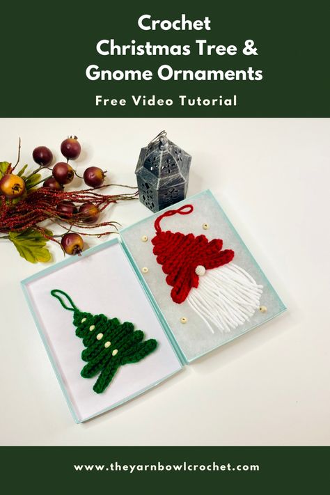 Free Video Tutorial for these two beautiful patterns Crochet Ornaments Christmas, Gnome Garland, Crochet Gnome, Crochet Christmas Tree, Crochet Decor, Ornaments Christmas Tree, 4mm Crochet Hook, Beautiful Ornaments, Crochet Christmas Trees