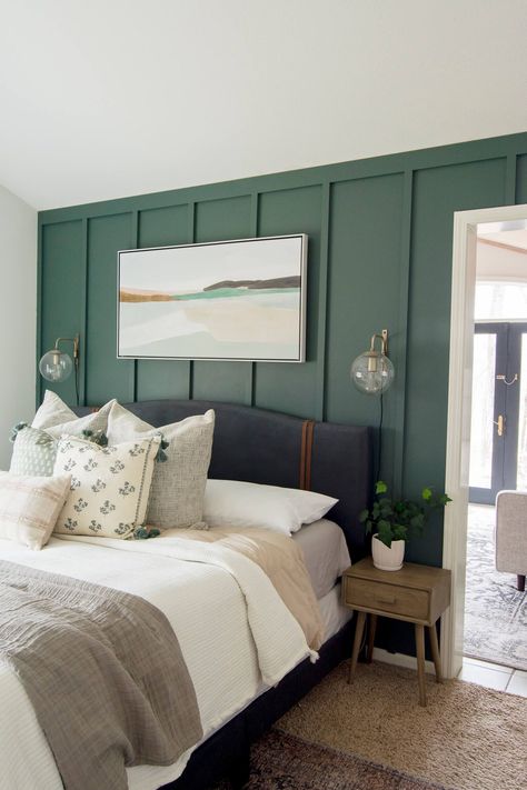 Bedroom updates will create a retreat you love. Enjoy 20 ideas for a bedroom refresh on any budget, with simple timelines & all skill levels! #bedroomupdates #bedroomrefresh #bedroomdecor #bedroomideas #bedroomremodel #bedroom #primarybedroom #fromhousetohaven Accent Wall Bedroom With Door, Bedroom Accent Wall With Door, Hunter Green Accent Wall Bedroom, Accent Wall With Door, Bright Green Paint Colors, Green Bedroom Accent Wall, Best Dark Green Paint Colors, Diy Guest Bedroom, Best Dark Green Paint