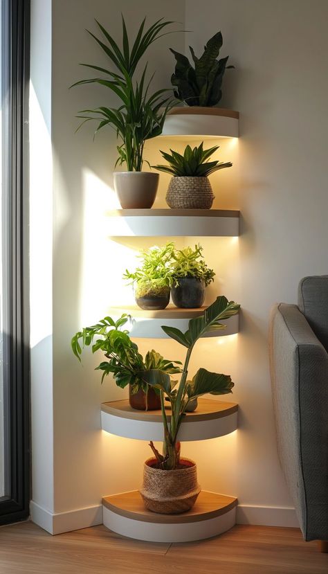 Corner Wall Plant Decor, Plant Stand In Living Room, Tall Plant For Living Room, Modern Plant Display, Corner Shelves Decor Ideas Living Room, Corner Shelf For Plants, Tall Corner Decor, Corner Shelves Plants, Minimalist Living Room With Plants