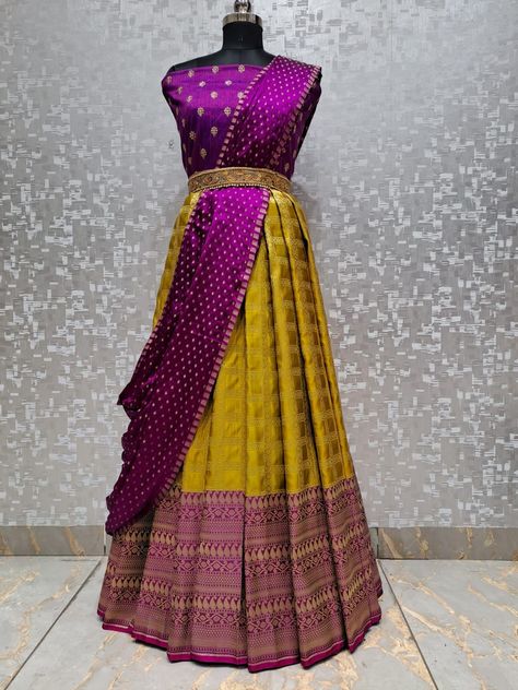 LEHENGA SET.�!! Pure Heavy Banaras pattu langa with matching blouse fabric and soft silk polka Dots duppata fabric Total set Lehenga fabric-3m Blouse fabric-1m Duppata-2.5m Note-colour might be slightly different from photpgraphy Price:3099+shipping To Buy, click here or Whatsapp image to chat directly with us: Whatsapp on+ 91 9502316419 Please join our telegram group for daily updates https://t.me/elegantfashionwear For daily updates on our latest collections, follow us on FB page https://www.f Banaras Lehenga Blouse Designs, Pattu Langa Designs For Women, Pattu Lehenga Half Saree Latest, Latest Langa Voni Designs, Contrast Lehenga Color Combos, Dhavani Half Saree Color Combos, Kanchi Pattu Lehenga Half Saree, Pattu Lehenga Half Saree, Wedding Matching Outfits