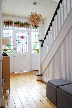 Edwardian Hallway                                                                                                                                                                                 More Stained Staircase, Edwardian Hallway, Hallway Inspiration, Stained Glass Door, 1930s House, House Restoration, Edwardian House, Wooden Floors, Up House