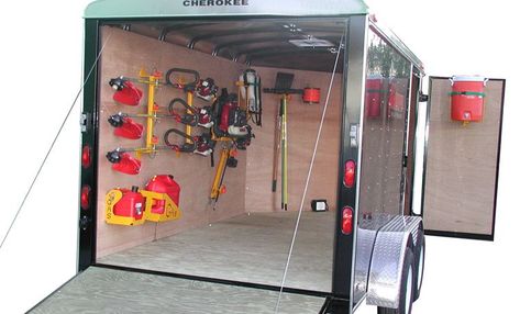 Truck Necessities, Lawn Equipment Storage, Lawn Tool Storage, Lawn Trailer, Lawn Mowing Business, Landscape Equipment, Tool Trailer, Spring Lawn Care, Landscape Trailers