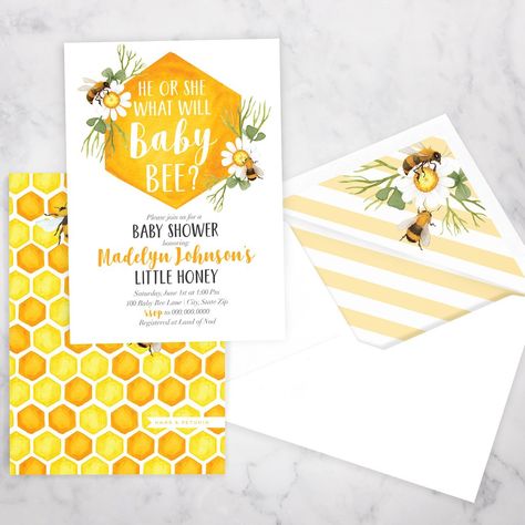 20+ Adorable Gender Reveal Party Invitations Honey Bee Baby Shower Invitations, Gender Neutral Invitations, Bee Baby Shower Invitations, Bee Invitations, Honey Bee Baby Shower, Bee Gender Reveal, Gender Reveal Party Invitations, Ideas Baby Shower, Bumble Bee Baby Shower