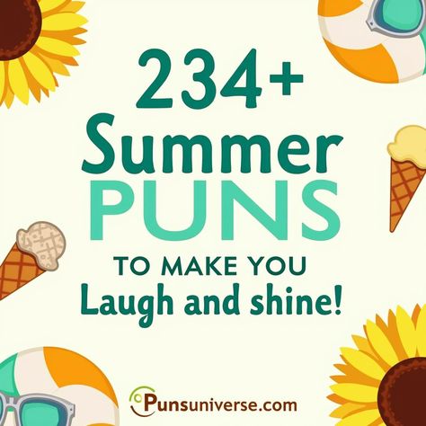 Brighten your summer days with a splash of humor! ☀️ Dive into our collection of 234+ summer puns guaranteed to make you laugh and shine. From beachy vibes to fruity delights, these puns are the perfect way to stay cool and pun-derful! 😄✨ #puns #SummerVibes #FunnyQuotes #BeachFun #LaughterIsTheBestMedicine #PunIntended Bug Puns, Crab Puns, Summer Puns, Mushroom Puns, Beach Puns, Ice Cream Funny, Art Puns, Sunny Vacation, Beachy Vibes