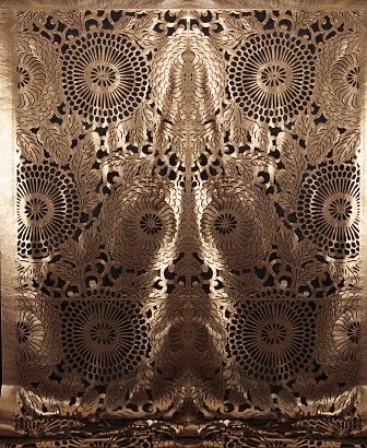 Can you say wow? By O'Hare and D'Jafer, a laser cut wall drape panel in gilded leather. Japanese Floral Design, Leather Interior Design, Wall Drapes, Laser Cut Fabric, Modern Organic Design, Flower Panel, O Hare, Japanese Flower, Flower Panels