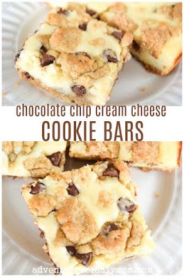 Cream Cheese Cookie Bars, Fire Desserts, Chocolate Chip Cookie Cheesecake Bars, Chocolate Chip Cream Cheese, Cookie Cheesecake Bars, Cream Cheese Cookie, Cream Cheese Chocolate Chip Cookies, Easy Dessert Idea, Cheesecake Bars Easy