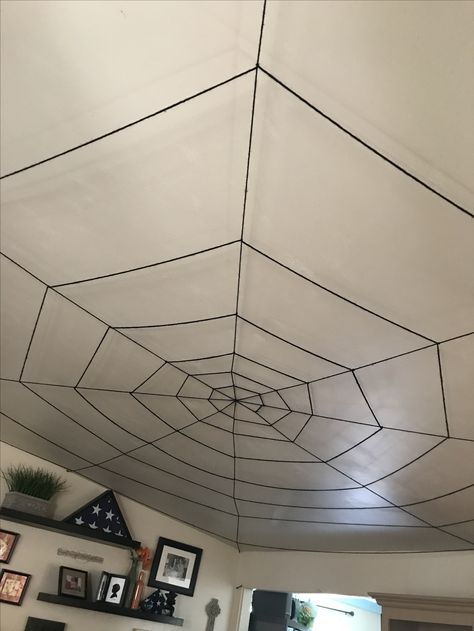 Spiderweb Room Decor, Ceiling Drawing Ideas, Spider Web Ceiling Decoration, Spider Web Room Decor, Halloween Party Ceiling Decor, Goth Ceiling Decor, Spider Room Decor, Ceiling Halloween Decorations, Crochet Ceiling Decor