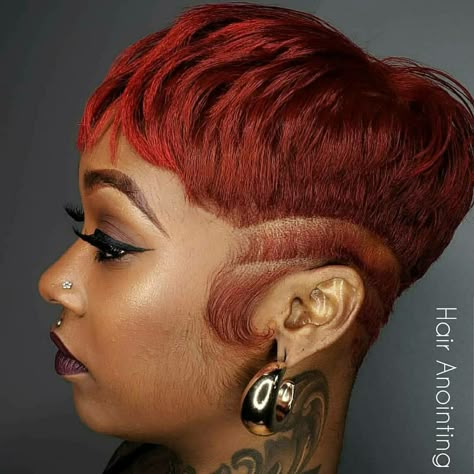 Teyana Taylor Red Hair, Short Colored Pixie Hair Black Women, Ginger Pixie Cut Black Women, Red Pixie Cut On Black Women, Copper Red Short Hair, Burgundy Short Hair Black Women, Dyed Pixie Cut Black Women, Dyed Pixie Haircut, Red Short Hair Black Women