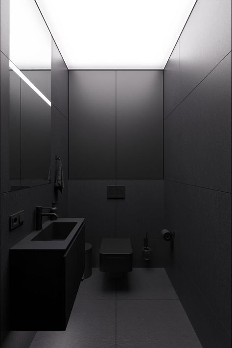 All Black Bathroom, Dark Interior Design, Black Bedroom Design, Bathroom Design Black, Black Rooms, Black Interior Design, Washroom Design, Bathroom Design Decor, Dark Interiors