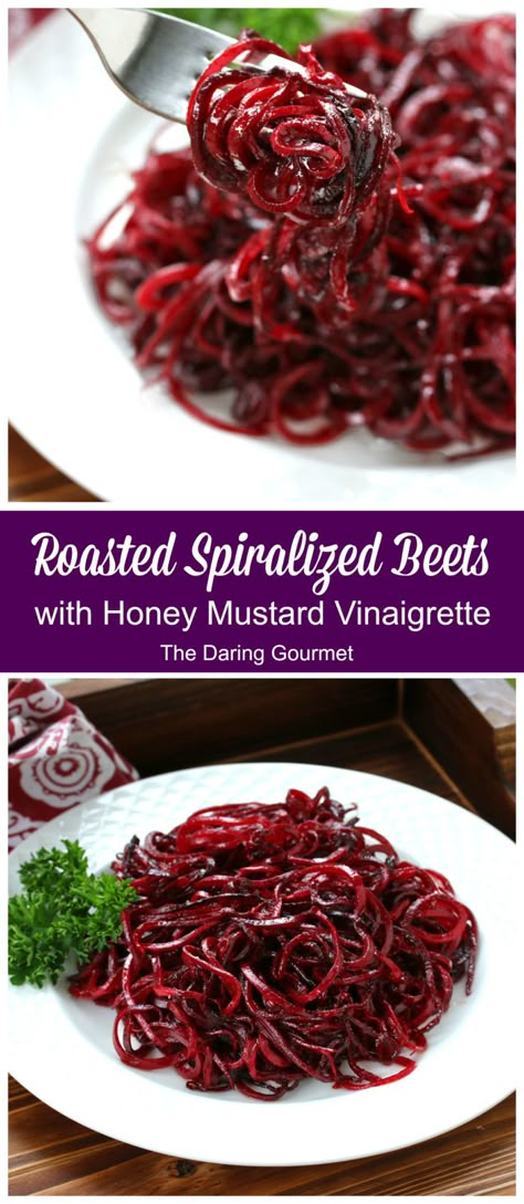 Roasted Spiralized Beets with Honey Mustard Vinaigrette Spiralized Beets, Beet Recipes Healthy, Beet Noodles, Mustard Vinaigrette, Honey Mustard Vinaigrette, Vinaigrette Recipe, Spiralizer Recipes, Beet Recipes, Healthy Vegetable